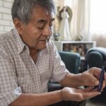 close up, older adult draws blood from a finger to check his blood sugar levels. health care concept from home